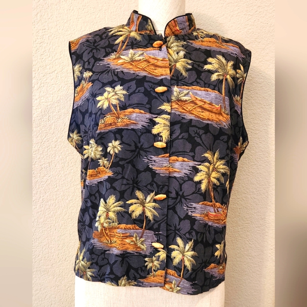 Young HawaiiTropical Sleeveless Vest with Manderin Collar And Toggle Buttons